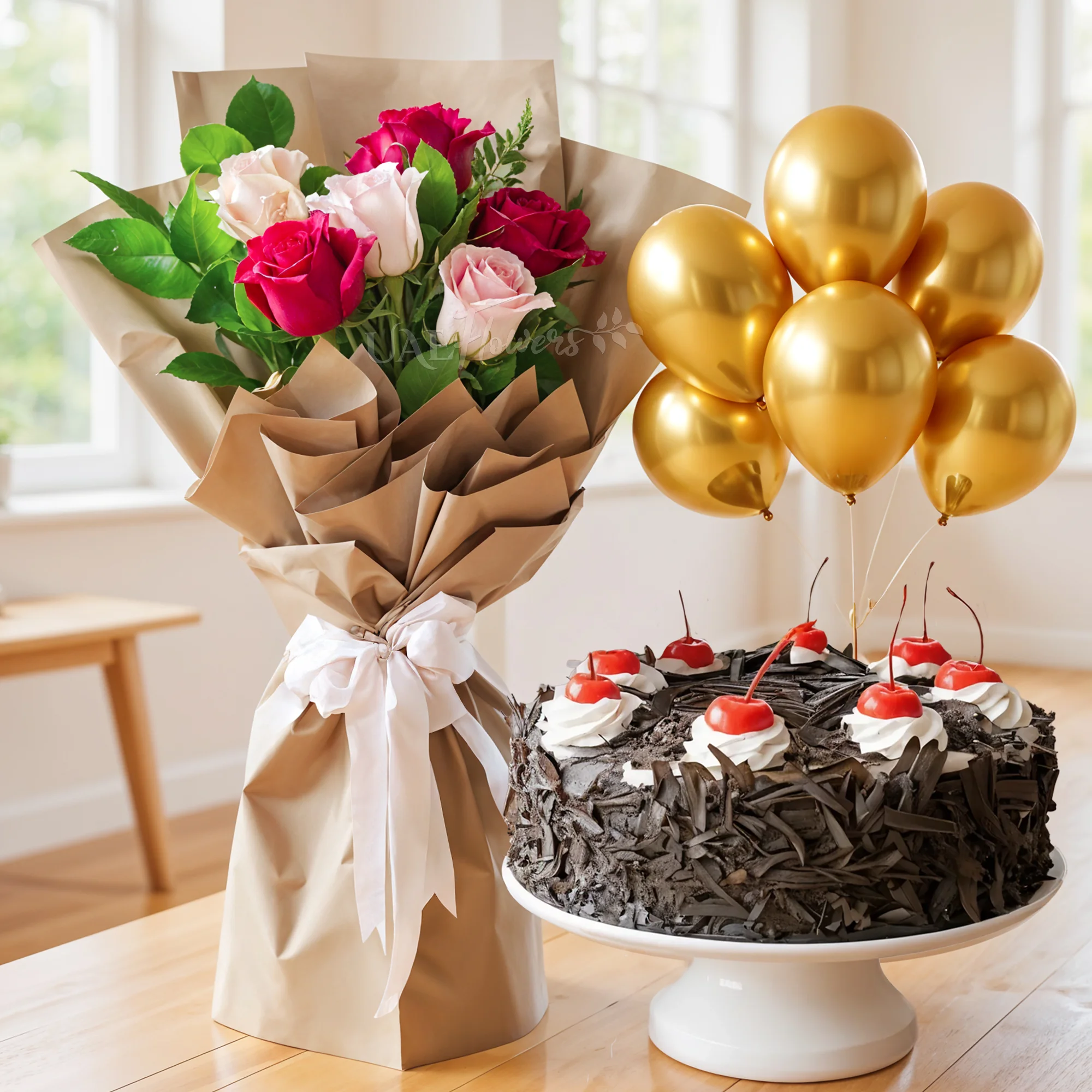 Bouquet of Red & Pink Roses, Black Forest Cake & Balloon img