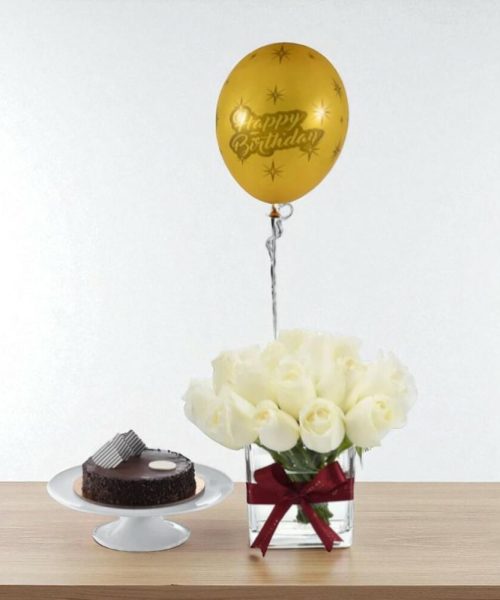 Eternal White Rose Vase Chocolate Cake Birthday Combo img