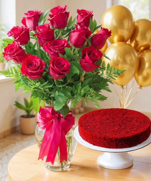 Red-Roses-in-Vase,-Red-Velvet-Cake-&-Balloons-img