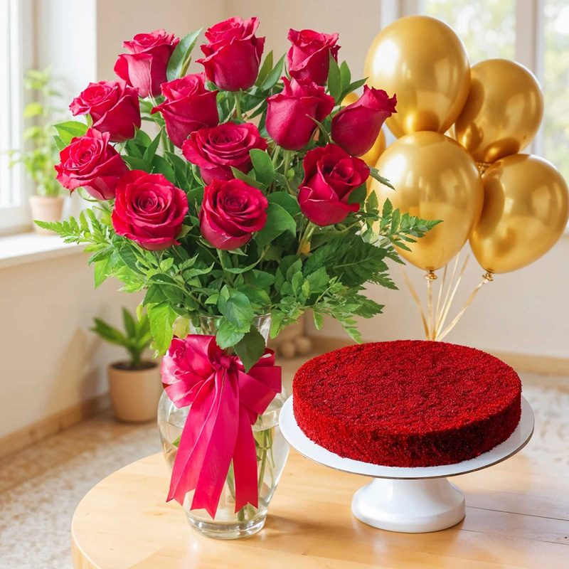 Special Red Roses in Vase, Red Velvet Cake & Balloons for you