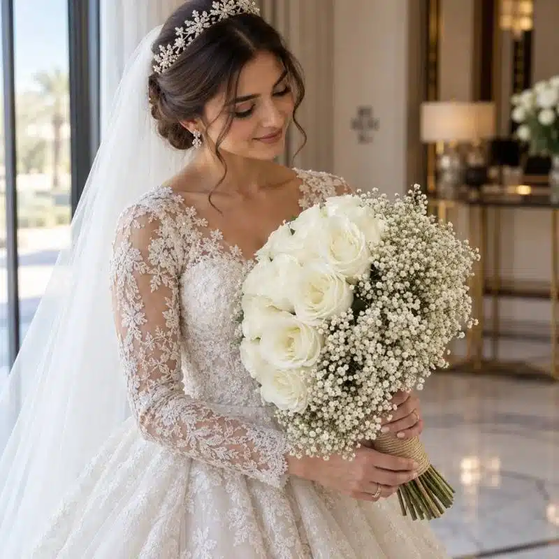 Bride holding a wedding bouquet in Dubai to judge real scale